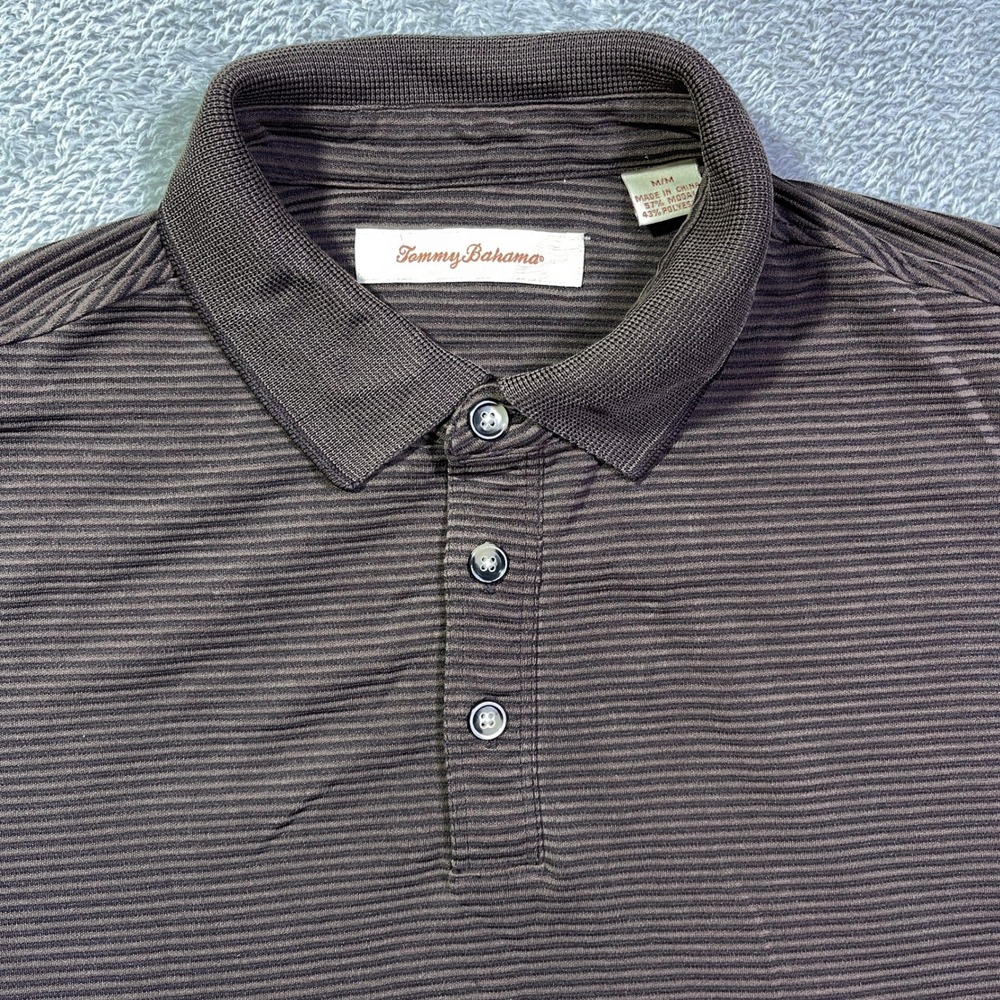 Tommy‎ Bahama Men's Polo Shirt M M Brown Stripe Short Sleeve Golf Casual